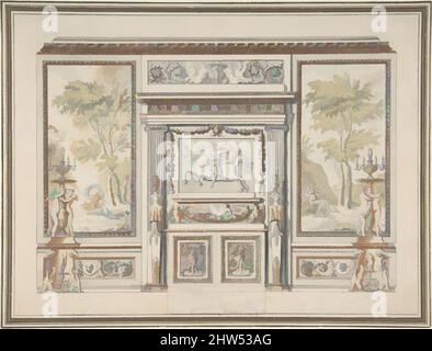 Arte ispirata dal Design for a Wall Elevation, ca. 1770–80, penna e inchiostro nero con pennello e lavaggi grigi, marroni, verdi e blu su disegni in grafite., foglio: 7 3/4 x 10 1/4 pollici (19,7 x 26,1 cm), Étienne de Lavallée-Poussin (francese, Rouen 1733–1793 Parigi), questo dettagliato design a parete, opere classiche modernizzate da Artotop con un tuffo di modernità. Forme, colore e valore, impatto visivo accattivante sulle emozioni artistiche attraverso la libertà delle opere d'arte in modo contemporaneo. Un messaggio senza tempo che persegue una nuova direzione selvaggiamente creativa. Artisti che si rivolgono al supporto digitale e creano l'NFT Artotop Foto Stock