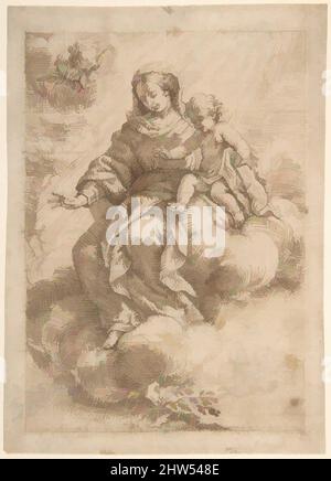 Arte ispirata a Madonna e Bambino seduta su nuvole (recto); Madonna e Bambino in senso inverso (verso), 1637–1700, penna e inchiostro marrone, squadrato in gesso nero per il trasferimento (recto). Composizione delineata in penna e inchiostro marrone. Su carta biancastra. Gesso nero (verso), 5-7/8 x 4-1/4 poll. (14,9 x 10., opere classiche modernizzate da Artotop con un tuffo di modernità. Forme, colore e valore, impatto visivo accattivante sulle emozioni artistiche attraverso la libertà delle opere d'arte in modo contemporaneo. Un messaggio senza tempo che persegue una nuova direzione selvaggiamente creativa. Artisti che si rivolgono al supporto digitale e creano l'NFT Artotop Foto Stock