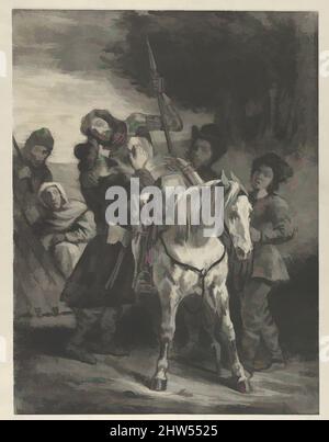 Arte ispirata ai feriti Goetz presi dagli Zingari, 1836–43, litografia; secondo e ultimo stato, 11 15/16 x 9 1/16 pollici. (30,4 x 23 cm), Prints, Eugène Delacroix (francese, Charenton-Saint-Maurice 1798–1863 Parigi, opere classiche modernizzate da Artotop con un tuffo di modernità. Forme, colore e valore, impatto visivo accattivante sulle emozioni artistiche attraverso la libertà delle opere d'arte in modo contemporaneo. Un messaggio senza tempo che persegue una nuova direzione selvaggiamente creativa. Artisti che si rivolgono al supporto digitale e creano l'NFT Artotop Foto Stock