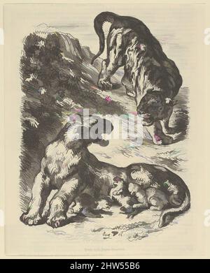 Arte ispirata da Tigress attaccata da una Tigre mentre Nursing Her Young, 1853, incisione in legno; secondo e ultimo stato, 8 9/16 x 6 7/8 pollici. (21,8 x 17,5 cm), Prints, Eugène Delacroix (francese, Charenton-Saint-Maurice 1798–1863 Parigi, opere classiche modernizzate da Artotop con un tuffo di modernità. Forme, colore e valore, impatto visivo accattivante sulle emozioni artistiche attraverso la libertà delle opere d'arte in modo contemporaneo. Un messaggio senza tempo che persegue una nuova direzione selvaggiamente creativa. Artisti che si rivolgono al supporto digitale e creano l'NFT Artotop Foto Stock