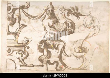 Arte ispirata a Frieze Design con Strapwork e Satyr che regge una creatura fantastica (recto); due Grotesques di Candelabra (verso), ca. 1545–60, inchiostro Pen e marrone scuro (recto); inchiostro en e marrone (verso), 8-13/16 x 13-3/16 pollici (22,4 x 33,5 cm), attribuito ad Andrés de Melgar (spagnolo, opere classiche modernizzate da Artotop con un tuffo di modernità. Forme, colore e valore, impatto visivo accattivante sulle emozioni artistiche attraverso la libertà delle opere d'arte in modo contemporaneo. Un messaggio senza tempo che persegue una nuova direzione selvaggiamente creativa. Artisti che si rivolgono al supporto digitale e creano l'NFT Artotop Foto Stock