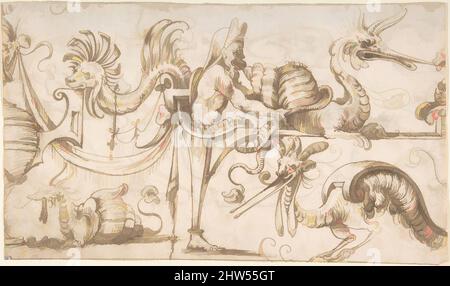 Arte ispirata al Frieze Design con figure grottesche (recto); grottesche Design con due ninfe (verso), ca. 1545–60, penna e inchiostro marrone (recto); penna e inchiostro marrone (verso), 7-13/16 x 13 pollici (19,8 x 33,7 cm), attribuito ad Andrés de Melgar (spagnolo, documentato S. Domingo de la Calzada, opere classiche modernizzate da Artotop con un tuffo di modernità. Forme, colore e valore, impatto visivo accattivante sulle emozioni artistiche attraverso la libertà delle opere d'arte in modo contemporaneo. Un messaggio senza tempo che persegue una nuova direzione selvaggiamente creativa. Artisti che si rivolgono al supporto digitale e creano l'NFT Artotop Foto Stock