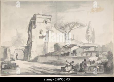 Arte ispirata dalla Casa di campagna Italiana accanto a una strada, n.d., penna e inchiostro nero, grigio lavaggio su gesso nero, 9 11/16 x 14 9/16 pollici. (24,6 x 37 cm), disegni, Jean-Baptiste Lallemand (francese, Digione 1716–1803/5 Parigi, opere classiche modernizzate da Artotop con un tuffo di modernità. Forme, colore e valore, impatto visivo accattivante sulle emozioni artistiche attraverso la libertà delle opere d'arte in modo contemporaneo. Un messaggio senza tempo che persegue una nuova direzione selvaggiamente creativa. Artisti che si rivolgono al supporto digitale e creano l'NFT Artotop Foto Stock