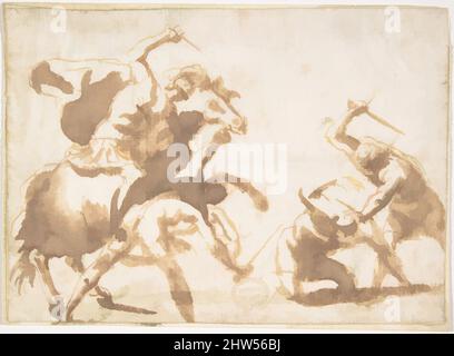 Arte ispirata da Horsemen e tre soldati di piede in battaglia, 1624–63, inchiostro Pen e marrone, pennello e lavaggio marrone, 3-3/4 x 5-1/4 pollici. (9,5 x 13,3 cm), disegni, attribuiti a Francesco Allegrini (italiano, Cantiano (?) 1615/20–dopo il 1679 Gubbio, opere classiche modernizzate da Artotop con un tuffo di modernità. Forme, colore e valore, impatto visivo accattivante sulle emozioni artistiche attraverso la libertà delle opere d'arte in modo contemporaneo. Un messaggio senza tempo che persegue una nuova direzione selvaggiamente creativa. Artisti che si rivolgono al supporto digitale e creano l'NFT Artotop Foto Stock