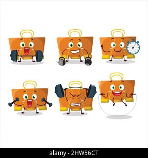 Un sano stile cartoon clip arancione che prova alcuni strumenti nel centro fitness. Illustrazione vettoriale Illustrazione Vettoriale