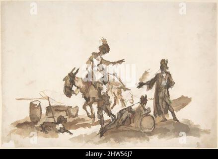 Arte ispirata da uomo assistere una donna a montare un cavallo, con due altre figure e un cane, 1762–1844, penna e inchiostro marrone e nero, spazzola e lavaggio marrone, su gesso nero, 4 1/2 x 6 5/8in. (11,4 x 16,8cm), disegni, attribuiti a Giuseppe Bernardino Bison (italiano, Palmanova 1762–1844, opere classiche modernizzate da Artotop con un tuffo di modernità. Forme, colore e valore, impatto visivo accattivante sulle emozioni artistiche attraverso la libertà delle opere d'arte in modo contemporaneo. Un messaggio senza tempo che persegue una nuova direzione selvaggiamente creativa. Artisti che si rivolgono al supporto digitale e creano l'NFT Artotop Foto Stock