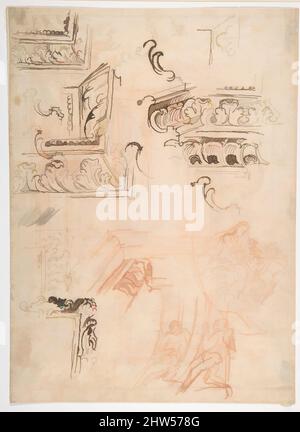 Arte ispirata agli studi delle modanature architettoniche, della Vergine col Bambino con un santo inginocchiato, e dei due telai di supporto Angeli (recto); Studi per le modanature architettoniche (verso), 1611–89, inchiostro Pen e bruno, gesso rosso, un piccolo gesso nero (recto); Ulteriori studi di modanature, opere classiche modernizzate da Artotop con un tuffo di modernità. Forme, colore e valore, impatto visivo accattivante sulle emozioni artistiche attraverso la libertà delle opere d'arte in modo contemporaneo. Un messaggio senza tempo che persegue una nuova direzione selvaggiamente creativa. Artisti che si rivolgono al supporto digitale e creano l'NFT Artotop Foto Stock