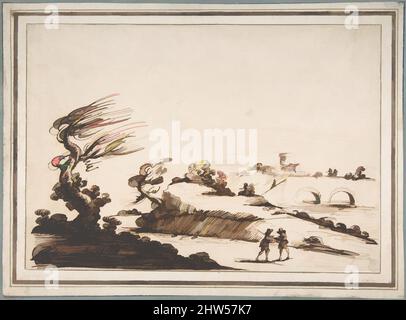 Arte ispirata al paesaggio con figure e un ponte a due archi, 1591–1666, penna e inchiostro marrone scuro, qualche pennello e inchiostro marrone scuro, foglio: 7 13/16 x 11 1/4 pollici. (19,9 x 28,6 cm), disegni, imitatore di Guercino (Giovanni Francesco Barbieri) (Italiano, cento 1591–1666 Bologna), questo, opere classiche modernizzate da Artotop con un tuffo di modernità. Forme, colore e valore, impatto visivo accattivante sulle emozioni artistiche attraverso la libertà delle opere d'arte in modo contemporaneo. Un messaggio senza tempo che persegue una nuova direzione selvaggiamente creativa. Artisti che si rivolgono al supporto digitale e creano l'NFT Artotop Foto Stock