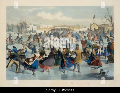 Art Inspired by Central Park, Winter – The Skating Pond, 1862, litografia colorata a mano, immagine: 18 1/8 x 26 9/16 in. (46 x 67,5 cm), stampe, dopo un dipinto di Charles Parsons (americano (nato Inghilterra), Hampshire 1821–1910 New York), litografato da Lyman W. Atwater (americano, 1835–1891, opere classiche modernizzate da Artotop con un tuffo di modernità. Forme, colore e valore, impatto visivo accattivante sulle emozioni artistiche attraverso la libertà delle opere d'arte in modo contemporaneo. Un messaggio senza tempo che persegue una nuova direzione selvaggiamente creativa. Artisti che si rivolgono al supporto digitale e creano l'NFT Artotop Foto Stock