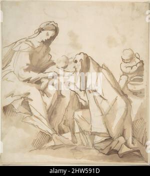 Arte ispirata da San adorare la Madonna col Bambino, 17th secolo, penna e inchiostro marrone, spazzola e lavaggio marrone, su carbone su carta marrone chiaro, 6-5/16 x 5-3/4 pollici. (16 x 14,6 cm), disegni, anonimi, italiani, roman-bolognesi, 17th secolo, opere classiche modernizzate da Artotop con un tuffo di modernità. Forme, colore e valore, impatto visivo accattivante sulle emozioni artistiche attraverso la libertà delle opere d'arte in modo contemporaneo. Un messaggio senza tempo che persegue una nuova direzione selvaggiamente creativa. Artisti che si rivolgono al supporto digitale e creano l'NFT Artotop Foto Stock