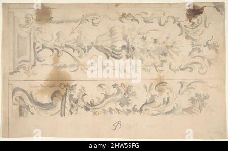 Arte ispirata da due disegni per pannelli floreali di ornamento, 1680–1780, inchiostro Pen e marrone, pennello e lavaggio grigio, su tracce di piombo o grafite, con costruzione rigata. Contorni di cornice in penna e inchiostro marrone, totale: 9 5/8 x 5 7/8 poll. (24,5 x 15 cm), disegni, Anonymous, Italian, opere classiche modernizzate da Artotop con un tuffo di modernità. Forme, colore e valore, impatto visivo accattivante sulle emozioni artistiche attraverso la libertà delle opere d'arte in modo contemporaneo. Un messaggio senza tempo che persegue una nuova direzione selvaggiamente creativa. Artisti che si rivolgono al supporto digitale e creano l'NFT Artotop Foto Stock