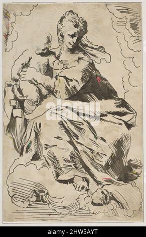 Arte ispirata da Madonna col Bambino sulle nuvole, 17th secolo, incisione, foglio: 11 poll. x 7 1/2 poll. (28 x 19 cm), stampe, attribuite a Simone Cantarini (Italiano, Pesaro 1612–1648 Verona, opere classiche modernizzate da Artotop con un tuffo di modernità. Forme, colore e valore, impatto visivo accattivante sulle emozioni artistiche attraverso la libertà delle opere d'arte in modo contemporaneo. Un messaggio senza tempo che persegue una nuova direzione selvaggiamente creativa. Artisti che si rivolgono al supporto digitale e creano l'NFT Artotop Foto Stock