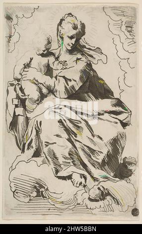 Arte ispirata da Madonna e Bambino sulle nuvole, 17th secolo, incisione, foglio (rifinito): 5 1/16 x 3 3/8 poll. (12,8 x 8,5 cm), stampe, attribuite a Simone Cantarini (Italiano, Pesaro 1612–1648 Verona, opere classiche modernizzate da Artotop con un tuffo di modernità. Forme, colore e valore, impatto visivo accattivante sulle emozioni artistiche attraverso la libertà delle opere d'arte in modo contemporaneo. Un messaggio senza tempo che persegue una nuova direzione selvaggiamente creativa. Artisti che si rivolgono al supporto digitale e creano l'NFT Artotop Foto Stock