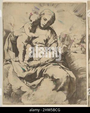 Arte ispirata a Madonna col Bambino seduto su nuvole e circondato da angeli, copia in senso inverso dopo Cantarini, CA9 o dopo, incisione, foglio (rifinito): 5 9/16 x 4 1/2 pollici. (14,1 x 11,5 cm), stampe, dopo Simone Cantarini (Italiano, Pesaro 1612–1648 Verona, opere classiche modernizzate da Artotop con un tuffo di modernità. Forme, colore e valore, impatto visivo accattivante sulle emozioni artistiche attraverso la libertà delle opere d'arte in modo contemporaneo. Un messaggio senza tempo che persegue una nuova direzione selvaggiamente creativa. Artisti che si rivolgono al supporto digitale e creano l'NFT Artotop Foto Stock