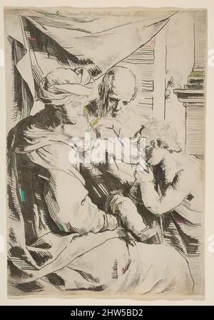 Arte ispirata dalla Sacra Famiglia con San Giovanni Battista che bacia la mano del bambino Cristo, Ca2, incisione, foglio: 4 15/16 x 3 7/16 in. (12,5 x 8,8 cm), Prints, Simone Cantarini (Italiano, Pesaro 1612–1648 Verona, opere classiche modernizzate da Artotop con un tocco di modernità. Forme, colore e valore, impatto visivo accattivante sulle emozioni artistiche attraverso la libertà delle opere d'arte in modo contemporaneo. Un messaggio senza tempo che persegue una nuova direzione selvaggiamente creativa. Artisti che si rivolgono al supporto digitale e creano l'NFT Artotop Foto Stock