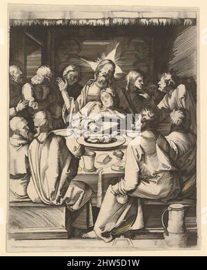 Arte ispirata dall'ultima cena; l'ultima cena con Cristo seduto al centro che abbraccia Giovanni, ca. 1500–1534, incisione; secondo stato di tre, foglio: 5 1/16 x 4 1/16 poll. (12,8 x 10,3 cm), stampe, Marcantonio Raimondi (Italiano, Argini (?) circa 1480–prima del 1534 Bologna (?)), dopo, opere classiche modernizzate da Artotop con un tuffo di modernità. Forme, colore e valore, impatto visivo accattivante sulle emozioni artistiche attraverso la libertà delle opere d'arte in modo contemporaneo. Un messaggio senza tempo che persegue una nuova direzione selvaggiamente creativa. Artisti che si rivolgono al supporto digitale e creano l'NFT Artotop Foto Stock