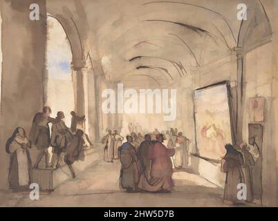 Arte ispirata da un cardinale che esamina una pittura in un chiostro, la prima metà del 19th secolo, penna e inchiostro marrone, spazzola e lavaggio marrone, acquerello, su gesso nero., 7 11/16 x 10 1/4 pollici (19,5 x 26 cm), disegni, Franois Marius Granet (francese, Aix-en-Provence 1775–1849 Aix-en-Provence, opere classiche modernizzate da Artotop con un tuffo di modernità. Forme, colore e valore, impatto visivo accattivante sulle emozioni artistiche attraverso la libertà delle opere d'arte in modo contemporaneo. Un messaggio senza tempo che persegue una nuova direzione selvaggiamente creativa. Artisti che si rivolgono al supporto digitale e creano l'NFT Artotop Foto Stock