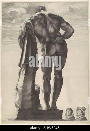 Arte ispirata da Ercole Farnese, ca. 1592, datato 1617, incisione, foglio: 16 9/16 x 11 15/16 pollici (42,1 x 30,4 cm), Prints, Hendrick Goltzius (Netherlandish, Mühlbracht 1558–1617 Haarlem), fu la cattiva salute di Goltzius e il suo desiderio di vedere i tesori di Roma che lo ispirarono, opere classiche modernizzate da Artotop con un tuffo di modernità. Forme, colore e valore, impatto visivo accattivante sulle emozioni artistiche attraverso la libertà delle opere d'arte in modo contemporaneo. Un messaggio senza tempo che persegue una nuova direzione selvaggiamente creativa. Artisti che si rivolgono al supporto digitale e creano l'NFT Artotop Foto Stock