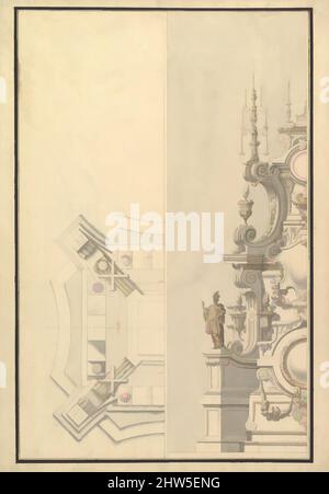 Arte ispirata da Half Ground Plan e Half Elevation di una catafalque, sormontata da una corona reale, 1696–1756, inchiostro Pen e marrone, pennello e lavaggi grigi e giallasteschi sulla statua, 20-1/4 x 14-5/16 pollici. (51,4 x 36,4 cm), disegni, laboratorio di Giuseppe Galli Bibiena (italiano, Parma 1696–1756, opere classiche modernizzate da Artotop con un tuffo di modernità. Forme, colore e valore, impatto visivo accattivante sulle emozioni artistiche attraverso la libertà delle opere d'arte in modo contemporaneo. Un messaggio senza tempo che persegue una nuova direzione selvaggiamente creativa. Artisti che si rivolgono al supporto digitale e creano l'NFT Artotop Foto Stock