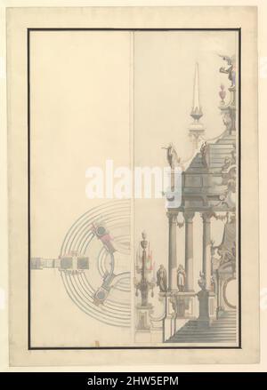 Arte ispirata a Half Elevation e Half Ground Plan per una catafalque: Colonne che supportano una cupola a gradini con 2 obelischi sormontati da Figure of Fame, 1696–1756, penna, inchiostro marrone e grigio lavaggio, 20-1/4 x 14-3/16 pollici. (51,4 x 36,0 cm), disegni, laboratorio di Giuseppe Galli Bibiena (italiano, opere classiche modernizzate da Artotop con un tuffo di modernità. Forme, colore e valore, impatto visivo accattivante sulle emozioni artistiche attraverso la libertà delle opere d'arte in modo contemporaneo. Un messaggio senza tempo che persegue una nuova direzione selvaggiamente creativa. Artisti che si rivolgono al supporto digitale e creano l'NFT Artotop Foto Stock