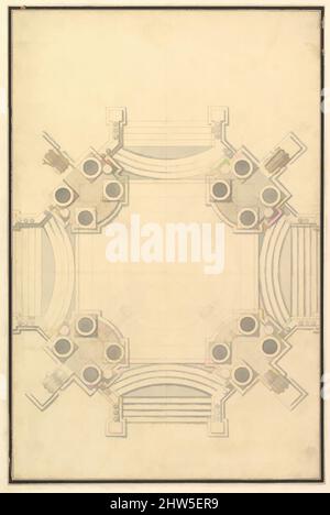 Arte ispirata da Ground Plan per catafalque per Johann Wilhelm, conte Palatino del Reno (d.. 1716)., ca. 1716, penna, inchiostro marrone e grigio, 19-1/4 x 12-13/16 pollici (48,9 x 32,5 cm), disegni, laboratorio di Giuseppe Galli Bibiena (Italiano, Parma 1696–1756 Berlino, opere classiche modernizzate da Artotop con un tuffo di modernità. Forme, colore e valore, impatto visivo accattivante sulle emozioni artistiche attraverso la libertà delle opere d'arte in modo contemporaneo. Un messaggio senza tempo che persegue una nuova direzione selvaggiamente creativa. Artisti che si rivolgono al supporto digitale e creano l'NFT Artotop Foto Stock