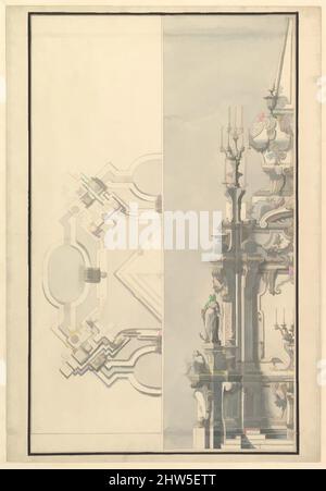 Arte ispirata da Half Ground Plan e Half Elevation per una catafalque per una Regina di Sardegna, 1696–1756, penna, inchiostro marrone e grigio lavaggio, 20-3/8 x 14-1/8 pollici. (51,8 x 35,9 cm), disegni, laboratorio di Giuseppe Galli Bibiena (Italiano, Parma 1696–1756 Berlino, opere classiche modernizzate da Artotop con un tuffo di modernità. Forme, colore e valore, impatto visivo accattivante sulle emozioni artistiche attraverso la libertà delle opere d'arte in modo contemporaneo. Un messaggio senza tempo che persegue una nuova direzione selvaggiamente creativa. Artisti che si rivolgono al supporto digitale e creano l'NFT Artotop Foto Stock