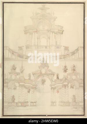 Art Inspired by Designs for componets of Stage Set: In basso: Padiglione a spirale e a colonne con arco centrale sormontato da Military Trophy e un altro Hanging Inside Arch; in alto: Padiglione centralizzato decorato da frontone sormontato da Fountain., 1696–1756, Pen, Brown, opere classiche modernizzate da Artotop con un tuffo di modernità. Forme, colore e valore, impatto visivo accattivante sulle emozioni artistiche attraverso la libertà delle opere d'arte in modo contemporaneo. Un messaggio senza tempo che persegue una nuova direzione selvaggiamente creativa. Artisti che si rivolgono al supporto digitale e creano l'NFT Artotop Foto Stock