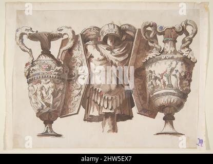 Arte ispirata al Trofeo con due vasi e un cuirass, 1600–1800, penna e inchiostro nero, pennello e lavaggio rosso-marrone, su tracce di grafite, foglio: 5 7/8 x 7 3/4 pollici. (15 x 19,7 cm), dopo Polidoro da Caravaggio (Italiano, Caravaggio ca. 1499–ca. 1543 Messina, opere classiche modernizzate da Artotop con un tocco di modernità. Forme, colore e valore, impatto visivo accattivante sulle emozioni artistiche attraverso la libertà delle opere d'arte in modo contemporaneo. Un messaggio senza tempo che persegue una nuova direzione selvaggiamente creativa. Artisti che si rivolgono al supporto digitale e creano l'NFT Artotop Foto Stock