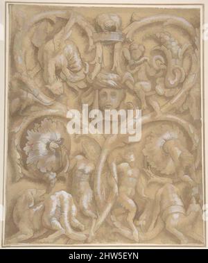 Art Inspired by Design for an Ornamental Panel with Rinceaux, Satyrs, Putti, Monsters and a Human Head., 1535–45, inchiostro Pen e marrone, pennello e lavaggio marrone su carta lavata con inchiostro marrone, evidenziato con gouache bianche, foglio: 10 1/2 x 8 3/4 pollici. (26,7 x 22,2 cm), attribuito a Giulio campi (, opere classiche modernizzate da Artotop con un tuffo di modernità. Forme, colore e valore, impatto visivo accattivante sulle emozioni artistiche attraverso la libertà delle opere d'arte in modo contemporaneo. Un messaggio senza tempo che persegue una nuova direzione selvaggiamente creativa. Artisti che si rivolgono al supporto digitale e creano l'NFT Artotop Foto Stock