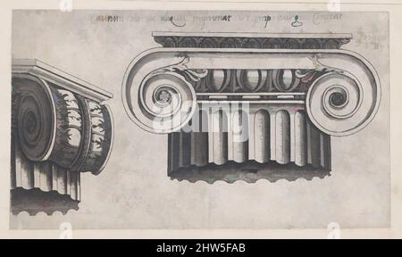 Arte ispirata a Speculum Romanae Magnificentiae: Capitale ionica, 1528, incisione, foglio: 4 1/4 x 7 5/16 poll. (10,8 x 18,6 cm), stampe, Agostino Veneziano (Agostino dei Musi) (Italiano, Venezia ca. 1490–dopo il 1536 Roma, opere classiche modernizzate da Artotop con un tuffo di modernità. Forme, colore e valore, impatto visivo accattivante sulle emozioni artistiche attraverso la libertà delle opere d'arte in modo contemporaneo. Un messaggio senza tempo che persegue una nuova direzione selvaggiamente creativa. Artisti che si rivolgono al supporto digitale e creano l'NFT Artotop Foto Stock