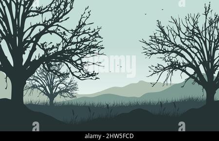 Vista realistica delle montagne con la foresta da fuori della città al mattino. Illustrazione vettoriale di una città Illustrazione Vettoriale