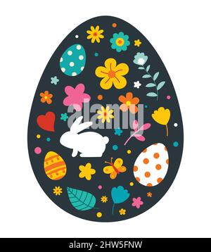 Uova di Pasqua decorate con fiori e decorazioni pasquali. Illustrazione Vettoriale