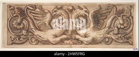 Art Inspired by Design for a Frieze with Two Griffin, 1650–1700, Pen and Brown ink, brush and Brown wash, over red galk; evidenziato con gouache bianco ossidato grigio-nero; linea di framing; verso potrebbe essere stato strofinato con gesso nero, 2 1/4 x 6 7/16 poll. (5,7 x 16,4 cm), Anonymous, opere classiche modernizzate da Artotop con un tuffo di modernità. Forme, colore e valore, impatto visivo accattivante sulle emozioni artistiche attraverso la libertà delle opere d'arte in modo contemporaneo. Un messaggio senza tempo che persegue una nuova direzione selvaggiamente creativa. Artisti che si rivolgono al supporto digitale e creano l'NFT Artotop Foto Stock
