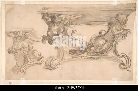 Arte ispirata da disegni per un tavolo con tre varianti per la forma dei supporti, 17th secolo, penna e inchiostro marrone, lavaggio marrone, su gesso nero., 5 1/2 x 9 1/4 pollici, Anonimo, italiano, 17th secolo, opere classiche modernizzate da Artotop con un tuffo di modernità. Forme, colore e valore, impatto visivo accattivante sulle emozioni artistiche attraverso la libertà delle opere d'arte in modo contemporaneo. Un messaggio senza tempo che persegue una nuova direzione selvaggiamente creativa. Artisti che si rivolgono al supporto digitale e creano l'NFT Artotop Foto Stock