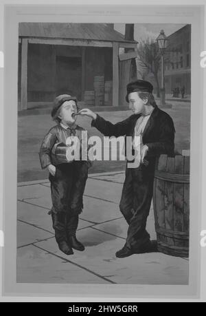 Art Inspired by Open your mouth and Shut Your Eyes (Harper's Weekly), 16 maggio 1874, incisione in legno, immagine: 13 1/2 x 9 1/16 in. (34,3 x 23 cm), stampe, dopo John George Brown (americano (nato Inghilterra), Durham 1831–1913 New York, opere classiche modernizzate da Artotop con un tuffo di modernità. Forme, colore e valore, impatto visivo accattivante sulle emozioni artistiche attraverso la libertà delle opere d'arte in modo contemporaneo. Un messaggio senza tempo che persegue una nuova direzione selvaggiamente creativa. Artisti che si rivolgono al supporto digitale e creano l'NFT Artotop Foto Stock