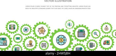 Pagina di destinazione Money and Banking con icone colorate. Carta di credito, Cambio valuta, bancomat, banner icona Terminal Business. Illustrazione Vettoriale