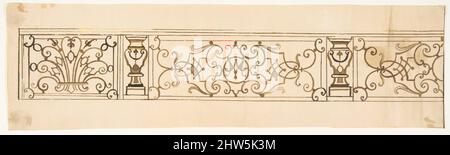 Art Inspired by Design for an Iron Railing, 19th Century, Pen and Brown ink, sheet: 4 1/8 x 14 11/16 in. (10,4 x 37,3 cm), Anonimo, Francese, 19th secolo, opere classiche modernizzate da Artotop con un tuffo di modernità. Forme, colore e valore, impatto visivo accattivante sulle emozioni artistiche attraverso la libertà delle opere d'arte in modo contemporaneo. Un messaggio senza tempo che persegue una nuova direzione selvaggiamente creativa. Artisti che si rivolgono al supporto digitale e creano l'NFT Artotop Foto Stock