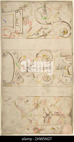 Art Inspired by Antique-style Ornamental Frieze Design: Quadri con lettere, Rinceaux, e maschere, inizio 16th secolo, penna e due inchiostri marroni a colori, su tracce di leadpoint, su carta stampata a buccia, tuta: 13 1/2 x 6 1/2 pollici. (34,3 x 16,5 cm), disegni, anonimi, italiani, del 16th secolo (, Opere classiche modernizzate da Artotop con un tocco di modernità. Forme, colore e valore, impatto visivo accattivante sulle emozioni artistiche attraverso la libertà delle opere d'arte in modo contemporaneo. Un messaggio senza tempo che persegue una nuova direzione selvaggiamente creativa. Artisti che si rivolgono al supporto digitale e creano l'NFT Artotop Foto Stock