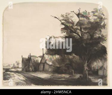 Arte ispirata dal paesaggio con tre cottage a falde accanto a una strada, 1650, incisione e punto secco; terzo stato di tre, foglio: 6 9/16 x 8 3/16 pollici. (16,7 x 20,8 cm), Prints, Rembrandt (Rembrandt van Rijn) (olandese, Leiden 1606–1669 Amsterdam, opere classiche modernizzate da Artotop con un tocco di modernità. Forme, colore e valore, impatto visivo accattivante sulle emozioni artistiche attraverso la libertà delle opere d'arte in modo contemporaneo. Un messaggio senza tempo che persegue una nuova direzione selvaggiamente creativa. Artisti che si rivolgono al supporto digitale e creano l'NFT Artotop Foto Stock