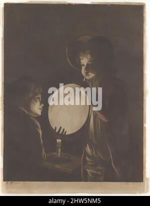 Arte ispirata da due ragazzi che soffiano una vescica di Candle-light, 1773, Aquatint stampato in rosso e marrone, piastra: 11 1/4 x 8 3/8 pollici. (28,6 x 21,3 cm), stampe, dopo Joseph Wright (Wright of Derby) (British, Derby 1734–1797 Derby), questa rappresentazione di due ragazzi che testano la capacità di un, opere classiche modernizzate da Artotop con un tuffo di modernità. Forme, colore e valore, impatto visivo accattivante sulle emozioni artistiche attraverso la libertà delle opere d'arte in modo contemporaneo. Un messaggio senza tempo che persegue una nuova direzione selvaggiamente creativa. Artisti che si rivolgono al supporto digitale e creano l'NFT Artotop Foto Stock