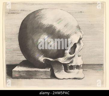 Art Inspired by Skull in Profile to Right, 1645, Etching; only state, plate: 3 1/16 x 3 5/8 in. (7,8 x 9,2 cm), stampe, dopo Leonardo da Vinci (Vinci 1452–1519 Amboise), cranio di profilo a destra con cinque denti in ogni mandibola, la sua schiena poggiata su blocco quadrato, dopo Leonardo da, opere classiche modernizzate da Artotop con un tuffo di modernità. Forme, colore e valore, impatto visivo accattivante sulle emozioni artistiche attraverso la libertà delle opere d'arte in modo contemporaneo. Un messaggio senza tempo che persegue una nuova direzione selvaggiamente creativa. Artisti che si rivolgono al supporto digitale e creano l'NFT Artotop Foto Stock