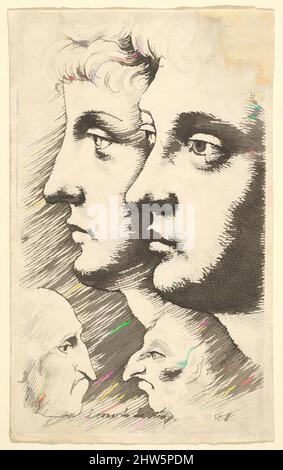 Arte ispirata a due giovani di profilo a sinistra con due teste grottesche rivolte l'una verso l'altra sotto, 1625–77, incisione; solo stato, piatto: 2 13/16 x 1 11/16 pollici (7,1 x 4,3 cm), stampe, dopo Leonardo da Vinci (Vinci 1452–1519 Amboise), due capi di giovani, quello rimasto in, opere classiche modernizzate da Artotop con un tuffo di modernità. Forme, colore e valore, impatto visivo accattivante sulle emozioni artistiche attraverso la libertà delle opere d'arte in modo contemporaneo. Un messaggio senza tempo che persegue una nuova direzione selvaggiamente creativa. Artisti che si rivolgono al supporto digitale e creano l'NFT Artotop Foto Stock