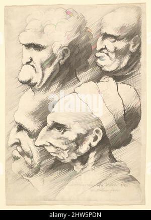 Arte ispirata da quattro teste grottesche in profilo a sinistra, 1625–77, incisione; solo stato, foglio: 2 9/16 x 1 3/4 pollici (6,5 x 4,4 cm), stampe, dopo Leonardo da Vinci (Vinci 1452–1519 Amboise), quattro teste grottesche di anziani di profilo a sinistra, disposte in due file, quella AT, opere classiche modernizzate da Artotop con un tuffo di modernità. Forme, colore e valore, impatto visivo accattivante sulle emozioni artistiche attraverso la libertà delle opere d'arte in modo contemporaneo. Un messaggio senza tempo che persegue una nuova direzione selvaggiamente creativa. Artisti che si rivolgono al supporto digitale e creano l'NFT Artotop Foto Stock