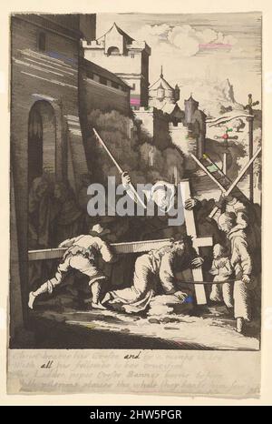 Arte ispirata dal trasporto della croce, 1625–77, incisione, solo stato, foglio: 3 9/16 x 2 3/8 poll. (9 x 6 cm), stampe, dopo Hans Holbein il giovane (tedesco, Augusta 1497/98–1543 Londra), piatto 12. Cristo porta la sua croce mentre viene battuto dai monaci con le stanghe dei pellegrini; una strada tortuosa conduce a opere classiche modernizzate da Artotop con un tuffo di modernità. Forme, colore e valore, impatto visivo accattivante sulle emozioni artistiche attraverso la libertà delle opere d'arte in modo contemporaneo. Un messaggio senza tempo che persegue una nuova direzione selvaggiamente creativa. Artisti che si rivolgono al supporto digitale e creano l'NFT Artotop Foto Stock