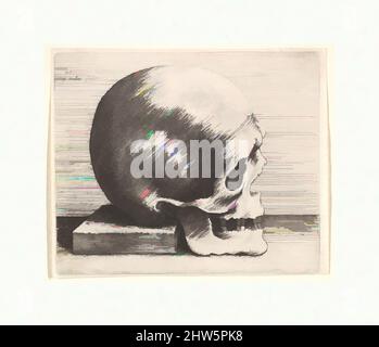 Art Inspired by Skull in Profile to Right, 1645, Etching; only state, plate: 3 1/16 x 3 11/16 in. (7,8 x 9,3 cm), stampe, dopo Leonardo da Vinci (Vinci 1452–1519 Amboise), teschio di profilo a destra, poggiato su un libro. Dopo Leonardo da Vinci, opere classiche modernizzate da Artotop con un tuffo di modernità. Forme, colore e valore, impatto visivo accattivante sulle emozioni artistiche attraverso la libertà delle opere d'arte in modo contemporaneo. Un messaggio senza tempo che persegue una nuova direzione selvaggiamente creativa. Artisti che si rivolgono al supporto digitale e creano l'NFT Artotop Foto Stock