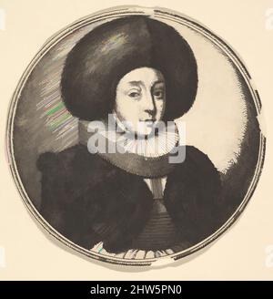 Art Inspired by Woman with large Circular fur Hat and pizzo ruff, 1645, etching; only state, Sheet: 3 9/16 x 3 9/16 in. (9,1 x 9,1 cm), Prints, Wenceslaus Hollar (Bohemian, Praga 1607–1677 Londra), una donna mostrata quasi a metà lunghezza a destra, guardando verso lo spettatore; indossando un scuro, opere classiche modernizzate da Artotop con un tuffo di modernità. Forme, colore e valore, impatto visivo accattivante sulle emozioni artistiche attraverso la libertà delle opere d'arte in modo contemporaneo. Un messaggio senza tempo che persegue una nuova direzione selvaggiamente creativa. Artisti che si rivolgono al supporto digitale e creano l'NFT Artotop Foto Stock