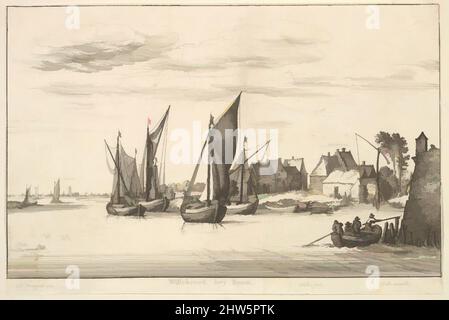 Art Inspired by Willebroeck bey Boom, 1651, Etching; secondo stato di due, foglio: 5 11/16 x 8 9/16 poll. (14,5 x 21,8 cm), stampe, dopo Jan Brueghel il Vecchio (Olanda, Bruxelles 1568–1625 Anversa), vista di un piccolo porto su un fiume, con chiatte ormeggiate, e case sulla riva, opere classiche modernizzate da Artotop con un tuffo di modernità. Forme, colore e valore, impatto visivo accattivante sulle emozioni artistiche attraverso la libertà delle opere d'arte in modo contemporaneo. Un messaggio senza tempo che persegue una nuova direzione selvaggiamente creativa. Artisti che si rivolgono al supporto digitale e creano l'NFT Artotop Foto Stock
