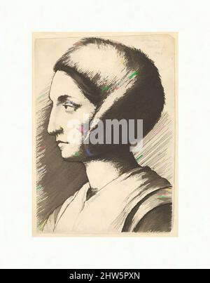 Art Inspired by Margaret Giggs, 1648, Etching, Sheet: 2 13/16 x 1 15/16 in. (7,2 x 5 cm), stampe, dopo Hans Holbein il giovane (tedesco, Augusta 1497/98–1543 Londra), Ritratto di una giovane donna, considerata Margaret Giggs; testa e spalle a sinistra, testa in tre quarti di profilo, opere classiche modernizzate da Artotop con un tuffo di modernità. Forme, colore e valore, impatto visivo accattivante sulle emozioni artistiche attraverso la libertà delle opere d'arte in modo contemporaneo. Un messaggio senza tempo che persegue una nuova direzione selvaggiamente creativa. Artisti che si rivolgono al supporto digitale e creano l'NFT Artotop Foto Stock
