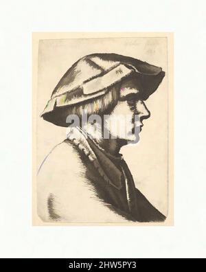 Art Inspired by Capo del giovane uomo che indossa cappello in profilo a destra, 1648, incisione, solo stato, foglio: 2 5/8 x 1 13/16 in. (6,6 x 4,6 cm), stampe, dopo Hans Holbein il giovane (tedesco, Augusta 1497/98–1543 Londra), Ritratto busto di un giovane di profilo a destra, indossando un cappellino morbido, opere classiche modernizzate da Artotop con un tuffo di modernità. Forme, colore e valore, impatto visivo accattivante sulle emozioni artistiche attraverso la libertà delle opere d'arte in modo contemporaneo. Un messaggio senza tempo che persegue una nuova direzione selvaggiamente creativa. Artisti che si rivolgono al supporto digitale e creano l'NFT Artotop Foto Stock