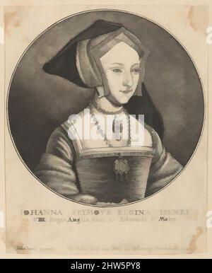 Arte ispirata da Iohanna Seymovr Regina Henri, 1648, Etching; solo stato, foglio: 5 3/16 x 4 1/4 pollici (13,2 x 10,8 cm), stampe, dopo Hans Holbein il giovane (tedesco, Augusta 1497/98–1543 Londra), Ritratto di Jane Seymour; a metà lunghezza, a destra; indossando il cofano a quattro lati con punta, opere classiche modernizzate da Artotop con un tuffo di modernità. Forme, colore e valore, impatto visivo accattivante sulle emozioni artistiche attraverso la libertà delle opere d'arte in modo contemporaneo. Un messaggio senza tempo che persegue una nuova direzione selvaggiamente creativa. Artisti che si rivolgono al supporto digitale e creano l'NFT Artotop Foto Stock